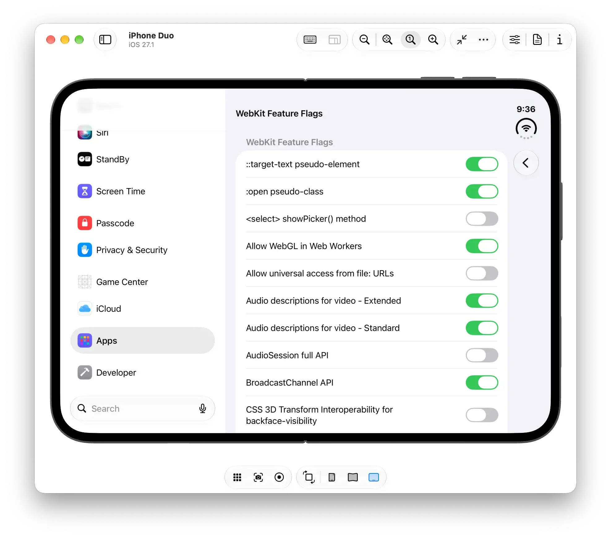 A two-column Settings layout on an unfolded iPhone Duo, with the sidebar taking about a third of the width