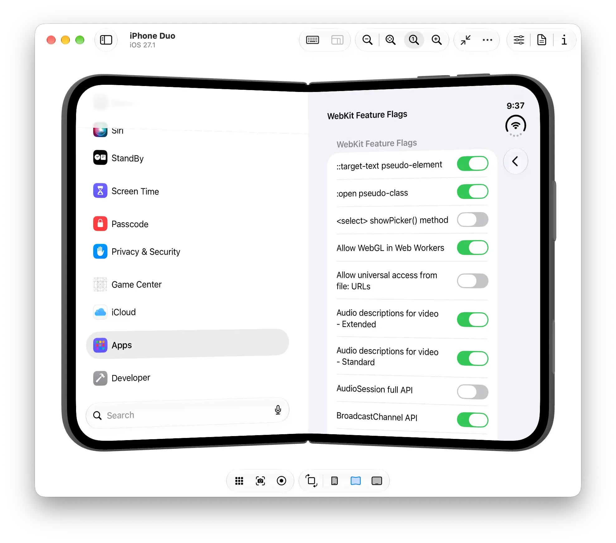 The same Settings layout on a partially folded iPhone Duo, with each column snapped to one half of the screen